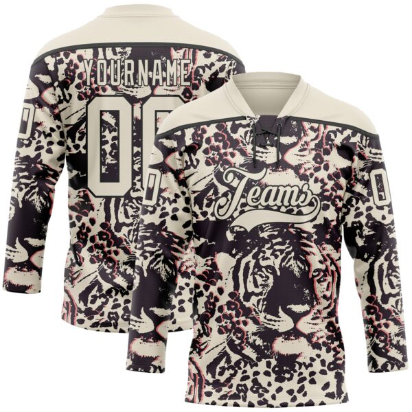 Custom Cream Black-Pink Tiger Print Hockey Lace Neck Jersey