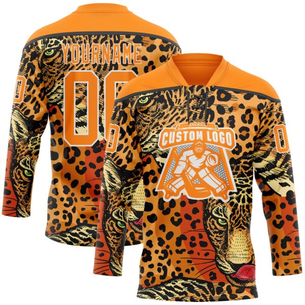 Custom Bay Orange Black-White Leopard Print Hockey Lace Neck Jersey