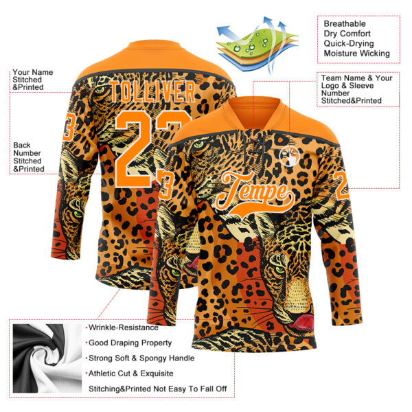 Custom Bay Orange Black-White Leopard Print Hockey Lace Neck Jersey