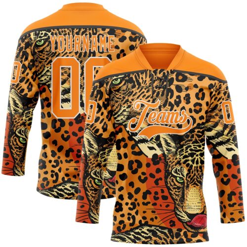Custom Bay Orange Black-White Leopard Print Hockey Lace Neck Jersey