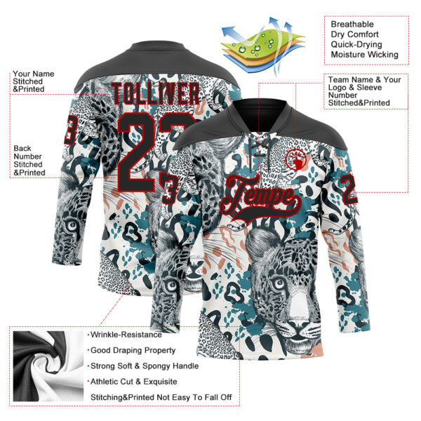 Custom White Black Blue-Red Leopard Hockey Lace Neck Jersey