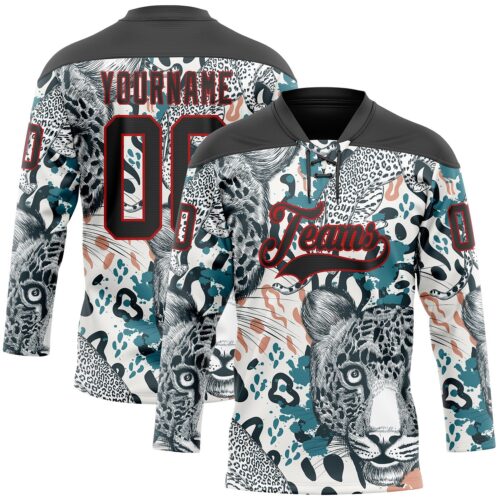 Custom White Black Blue-Red Leopard Hockey Lace Neck Jersey