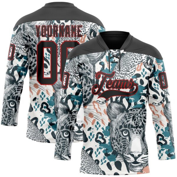 Custom White Black Blue-Red Leopard Hockey Lace Neck Jersey