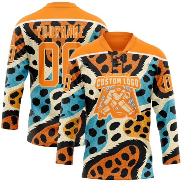 Custom Bay Orange Blue Black-Cream Animal Print Hockey Lace Neck Jersey