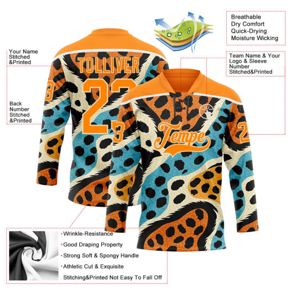 Custom Bay Orange Blue Black-Cream Animal Print Hockey Lace Neck Jersey