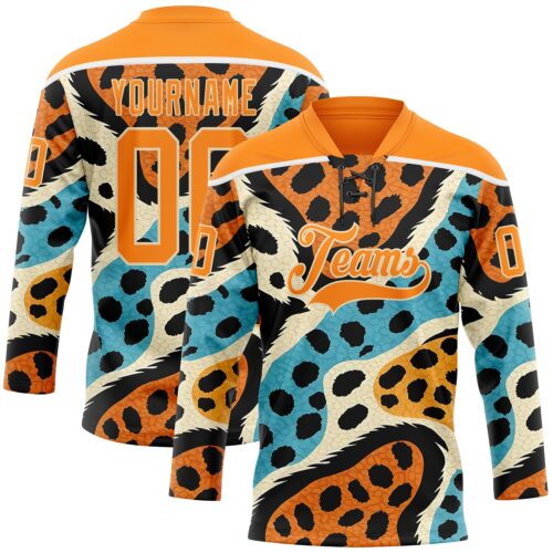 3DPattern11980 Custom Bay Orange Blue Black-Cream Animal Print Hockey Lace Neck Jersey