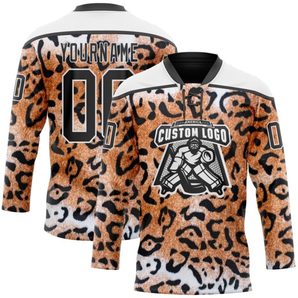 Custom Brown Black-White Leopard Print Hockey Lace Neck Jersey