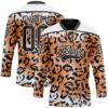 Custom Brown Black-White Leopard Print Hockey Lace Neck Jersey