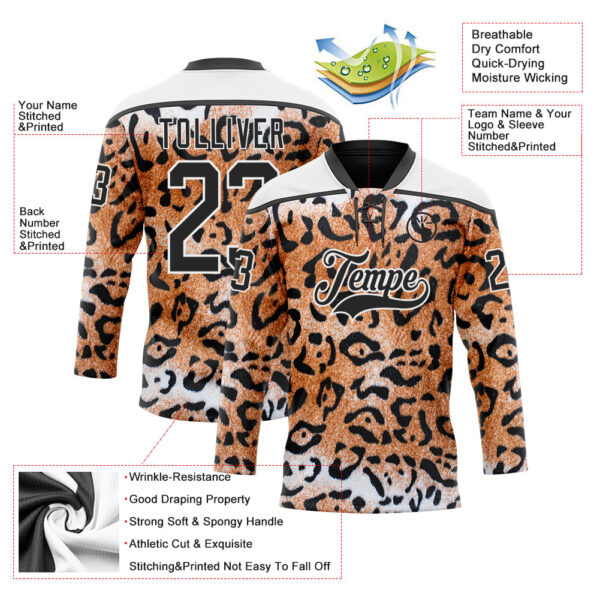 Custom Brown Black-White Leopard Print Hockey Lace Neck Jersey