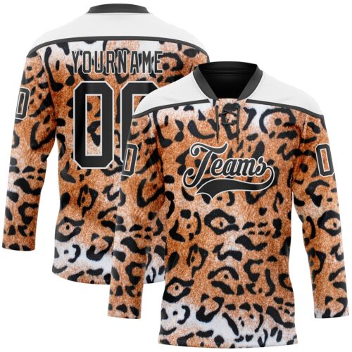 Custom Brown Black-White Leopard Print Hockey Lace Neck Jersey