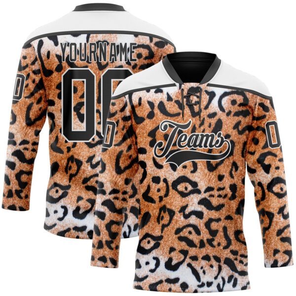 Custom Brown Black-White Leopard Print Hockey Lace Neck Jersey