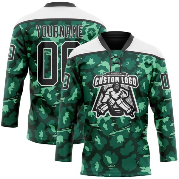 Custom Green Black-White Leopard Print Hockey Lace Neck Jersey