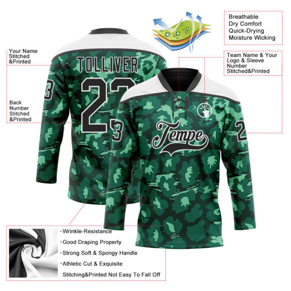 Custom Green Black-White Leopard Print Hockey Lace Neck Jersey