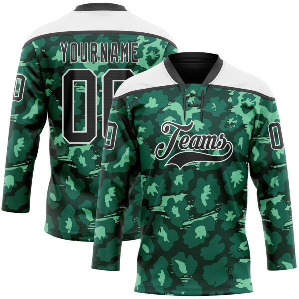 Custom Green Black-White Leopard Print Hockey Lace Neck Jersey
