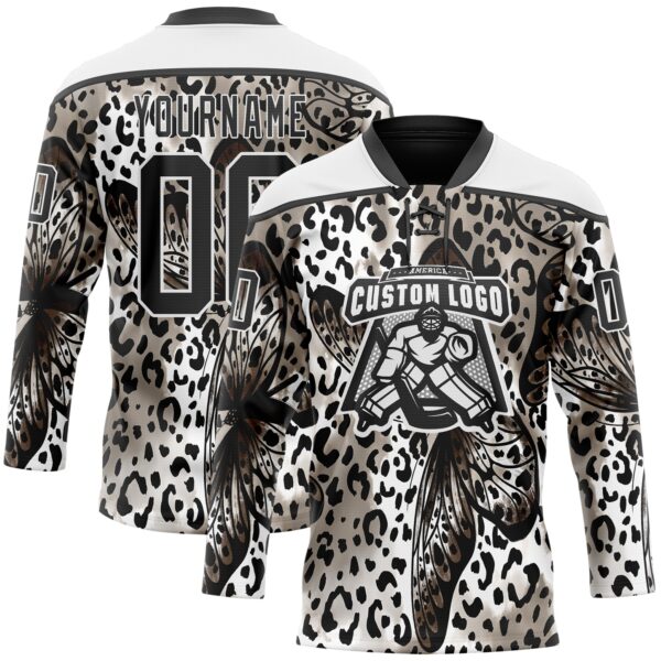 Custom White Black Leopard Print Hockey Lace Neck Jersey