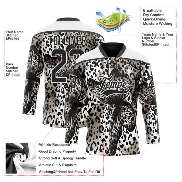 Custom White Black Leopard Print Hockey Lace Neck Jersey