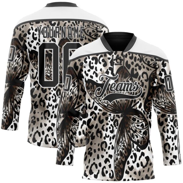 Custom White Black Leopard Print Hockey Lace Neck Jersey