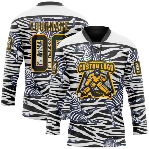 Custom White Black-Gold Zebra Print Hockey Lace Neck Jersey