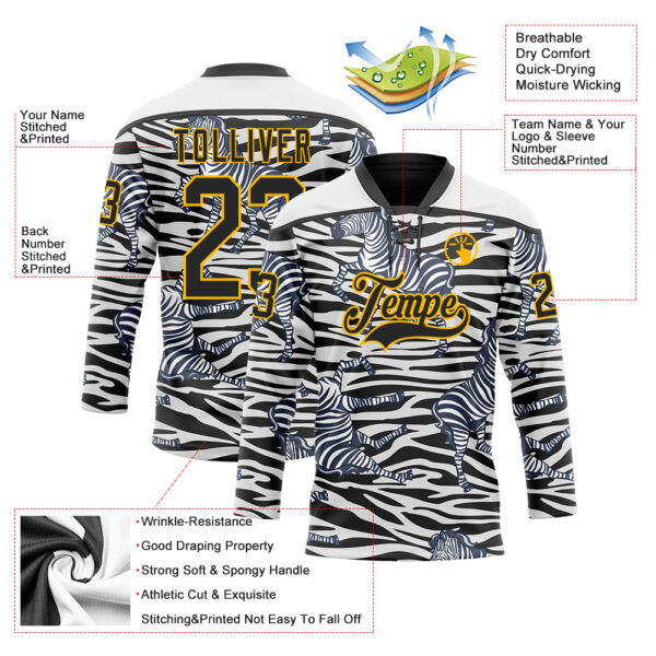 Custom White Black-Gold Zebra Print Hockey Lace Neck Jersey