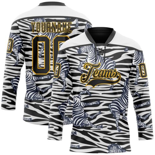 Custom White Black-Gold Zebra Print Hockey Lace Neck Jersey