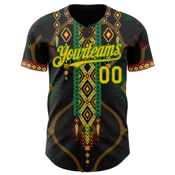Custom Black Gold Grass Green-Red Black History Month Africa Tribal Authentic Baseball Jersey