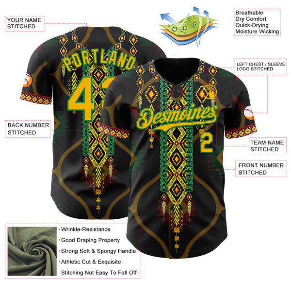 Custom Black Gold Grass Green-Red Black History Month Africa Tribal Authentic Baseball Jersey