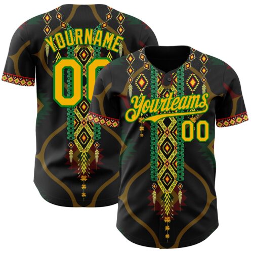 Custom Black Gold Grass Green-Red Black History Month Africa Tribal Authentic Baseball Jersey