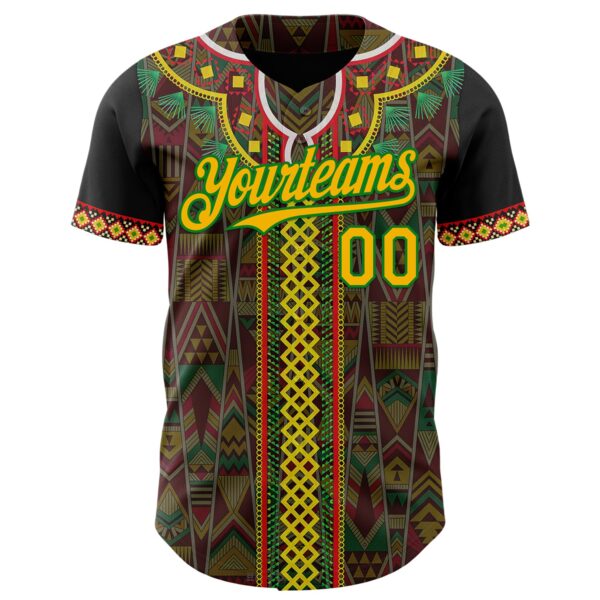 Custom Black Gold Grass Green-Red Black History Month Africa Tribal Authentic Baseball Jersey