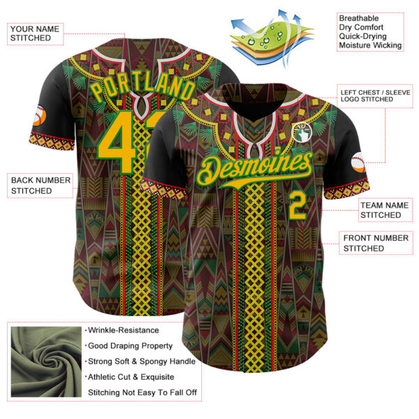 Custom Black Gold Grass Green-Red Black History Month Africa Tribal Authentic Baseball Jersey