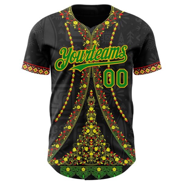 Custom Black Grass Green Gold-Red Black History Month Africa Tribal Authentic Baseball Jersey