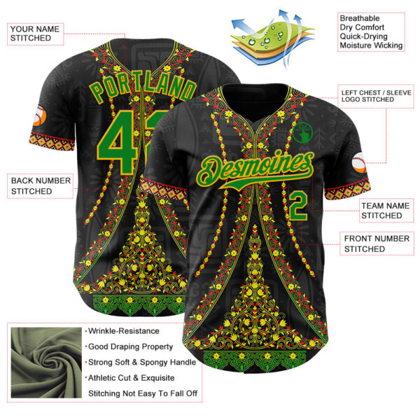 Custom Black Grass Green Gold-Red Black History Month Africa Tribal Authentic Baseball Jersey
