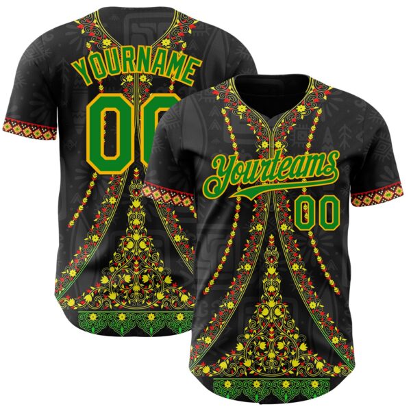 Custom Black Grass Green Gold-Red Black History Month Africa Tribal Authentic Baseball Jersey