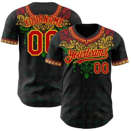 Custom Black Red Gold-Green Black History Month Africa Tribal Authentic Baseball Jersey