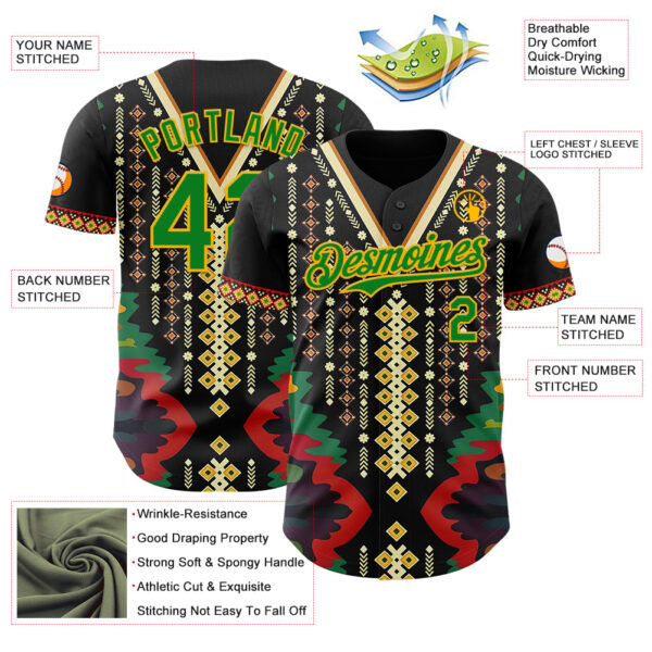 Custom Black Grass Green Red-Gold Black History Month Africa Tribal Authentic Baseball Jersey