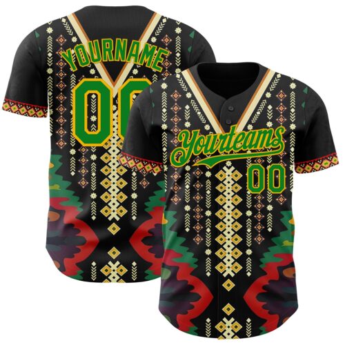 Custom Black Grass Green Red-Gold Black History Month Africa Tribal Authentic Baseball Jersey
