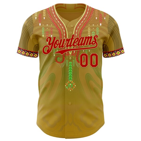 Custom Old Gold Red-Green Black History Month Africa Tribal Authentic Baseball Jersey