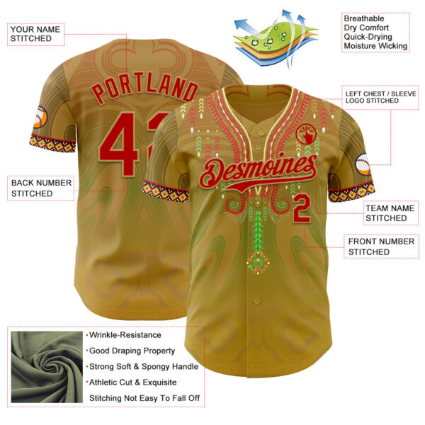 Custom Old Gold Red-Green Black History Month Africa Tribal Authentic Baseball Jersey