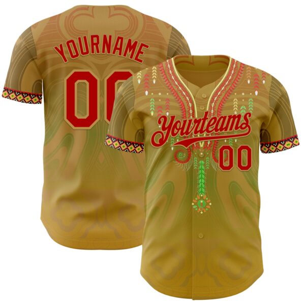 Custom Old Gold Red-Green Black History Month Africa Tribal Authentic Baseball Jersey