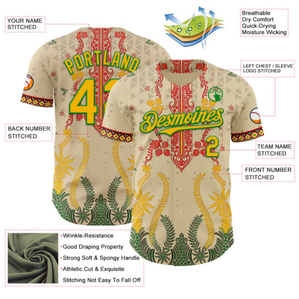 Custom Cream Gold Red-Grass Green Black History Month Africa Tribal Authentic Baseball Jersey