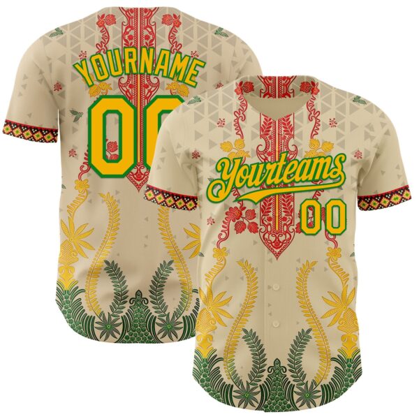 Custom Cream Gold Red-Grass Green Black History Month Africa Tribal Authentic Baseball Jersey