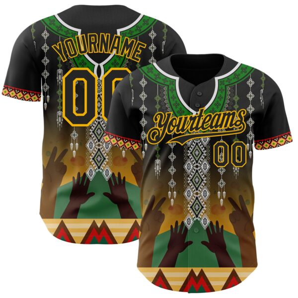 Custom Black Green Gold-Red Black History Month Africa Tribal Authentic Baseball Jersey