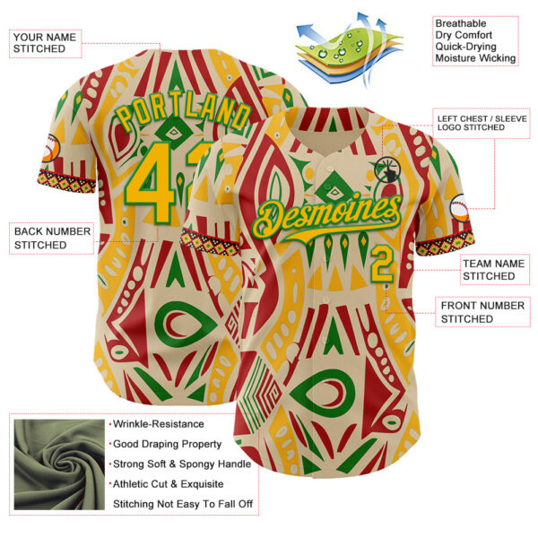 Custom City Cream Gold Red-Grass Green Black History Month Africa Tribal Authentic Baseball Jersey