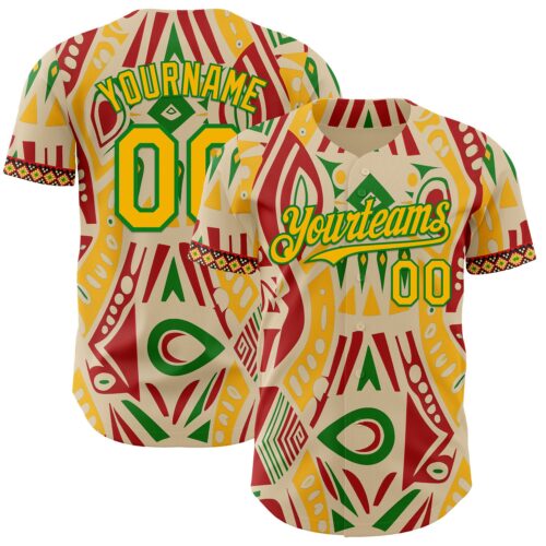 3DPattern12003 Custom City Cream Gold Red-Grass Green Black History Month Africa Tribal Authentic Baseball Jersey