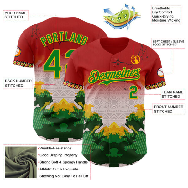 Custom Red Grass Green Gold-Black Black History Month Africa Tribal Authentic Baseball Jersey