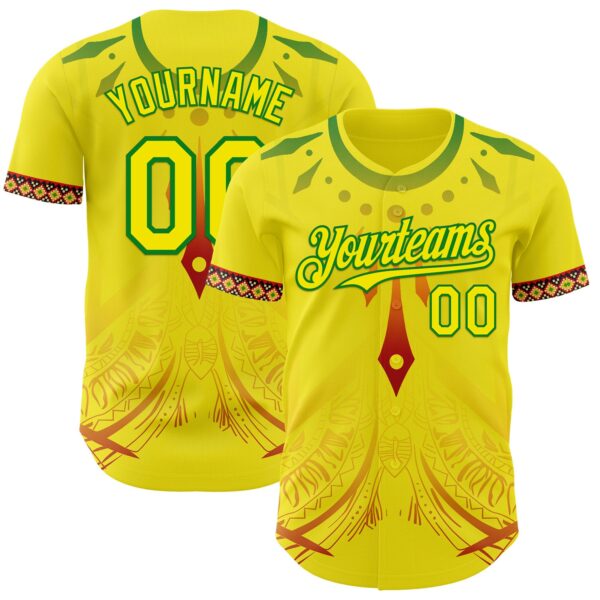 Custom Light Yellow Grass Green Red-Black Black History Month Africa Tribal Authentic Baseball Jersey