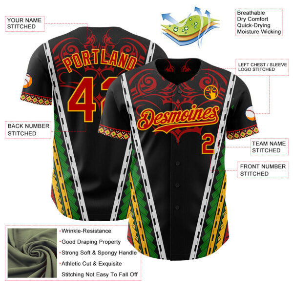 Custom Black Red Gold-Green Black History Month Africa Tribal Authentic Baseball Jersey
