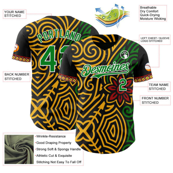 Custom Black Grass Green Gold Red-White Black History Month Africa Tribal Authentic Baseball Jersey