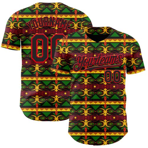 3DPattern12024 Custom Black Green Yellow Green-Fire Red 3D Pattern Design Black History Month African Ethnicity Style Authentic Baseball Jersey