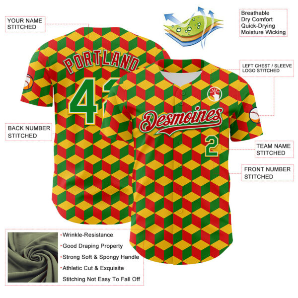 Custom Yellow Grass Green Red-White 3D Pattern Design Black History Month Abstract Geometric Authentic Baseball Jersey