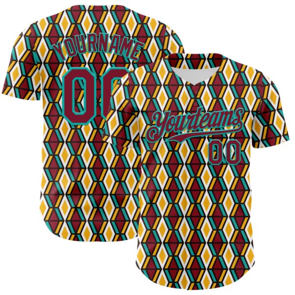Custom White Crimson Yellow-Aqua 3D Pattern Design Black History Month Abstract Geometric Authentic Baseball Jersey